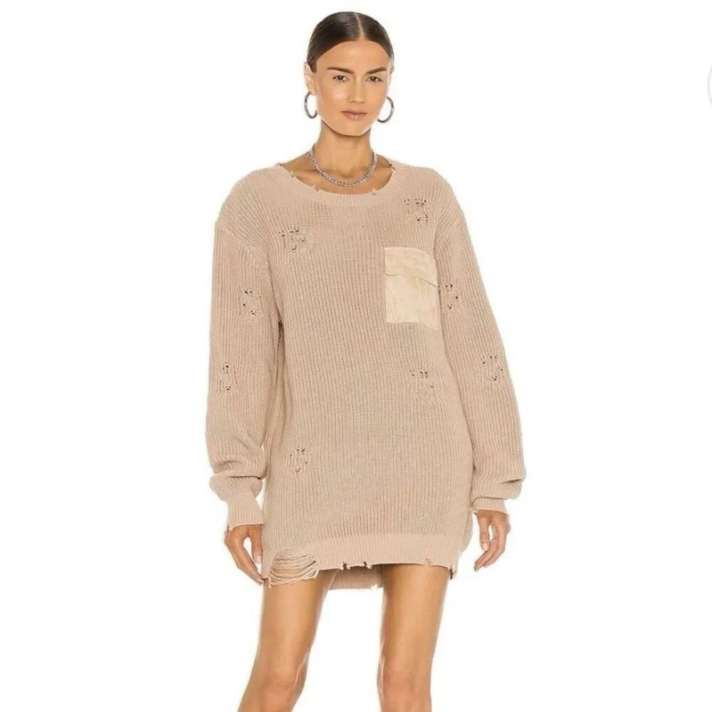 SER.O.YA Devin Oversized Tan Sweater Size XXS Distressed Cotton